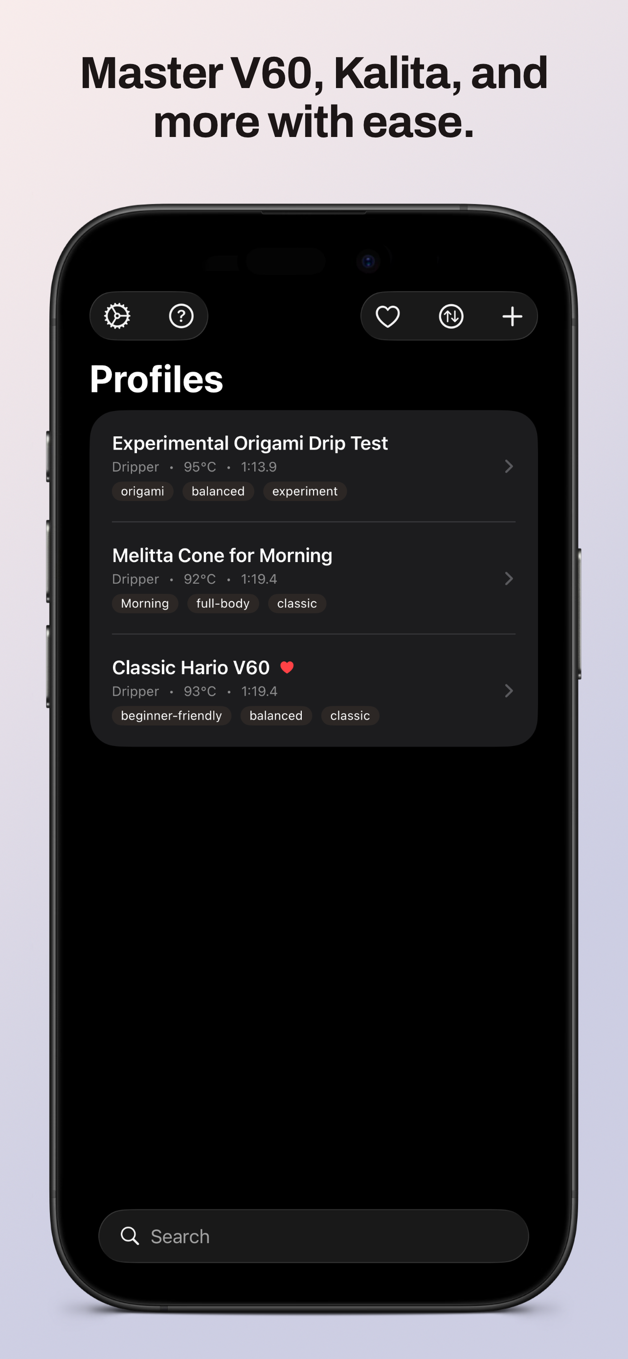 Elegant home screen to browse and manage your brewing profiles