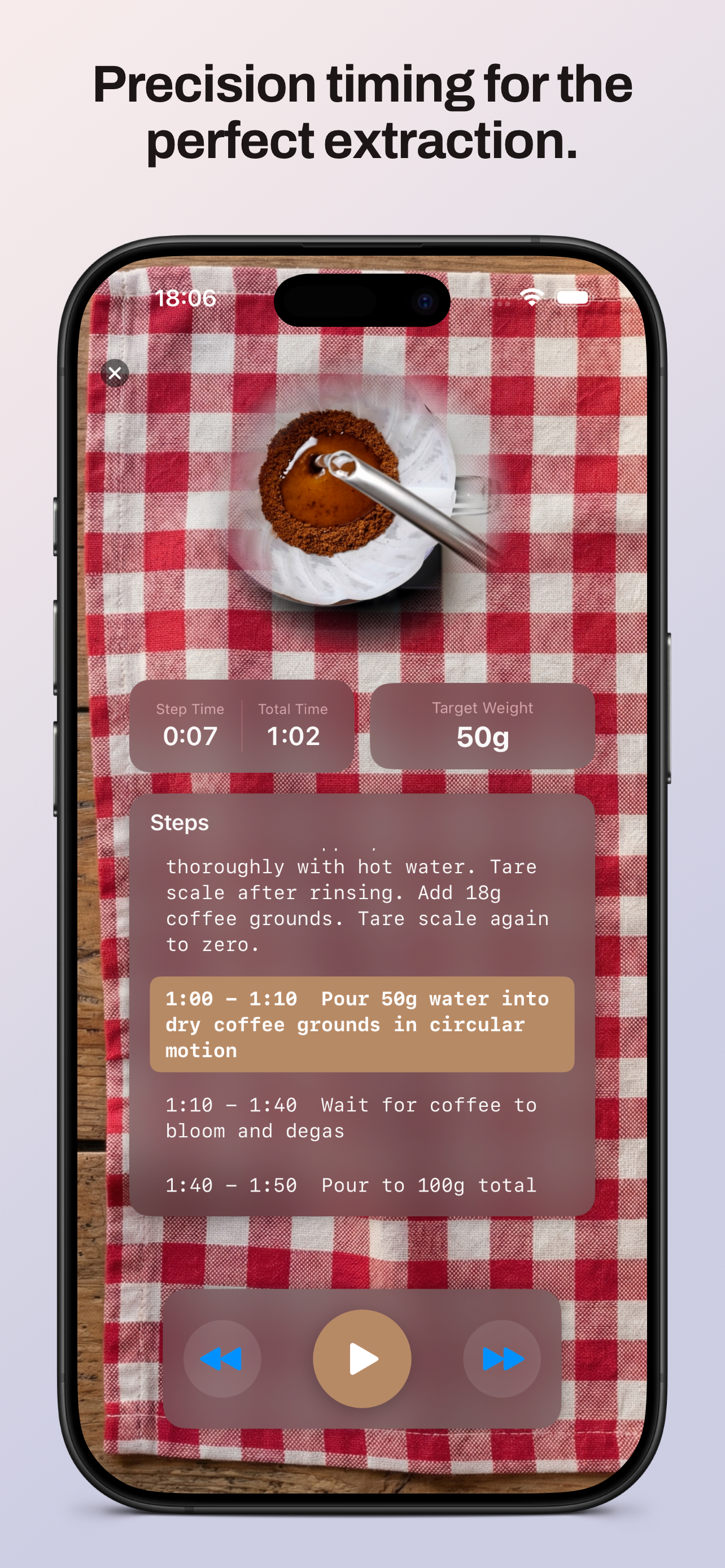 Precision brewing timer with auto-advancing steps and weight targets