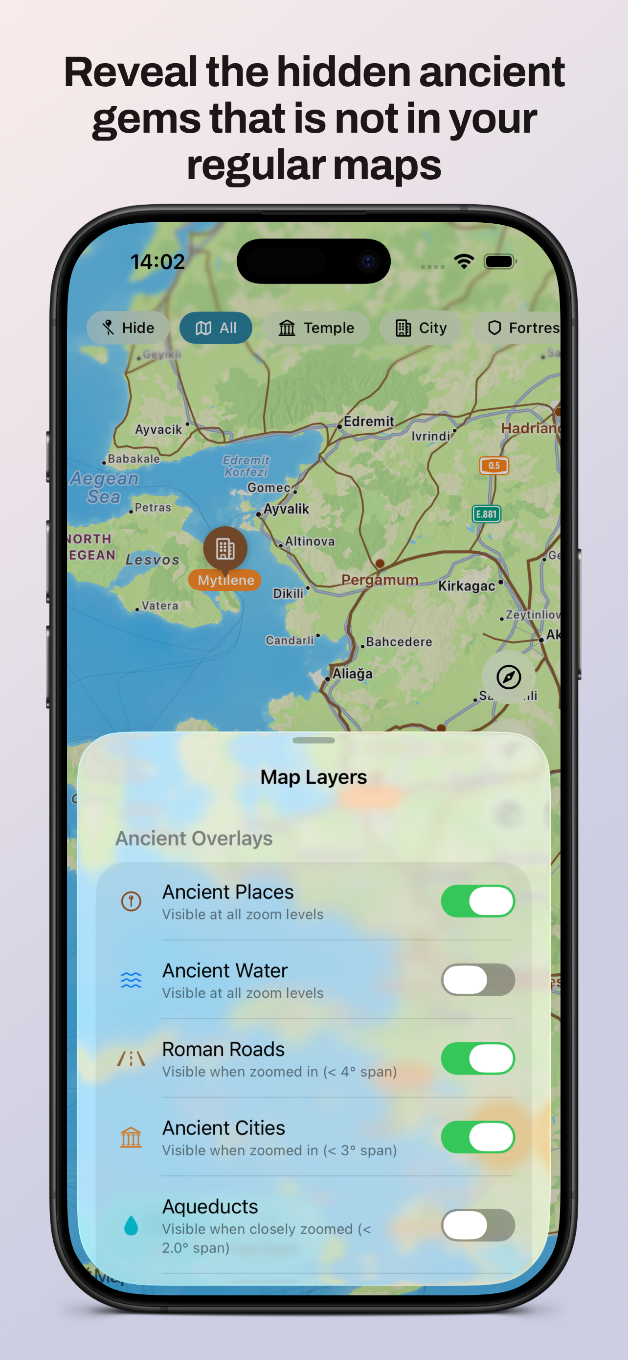 Reveal Roman roads, aqueducts, walls, and ancient coastlines