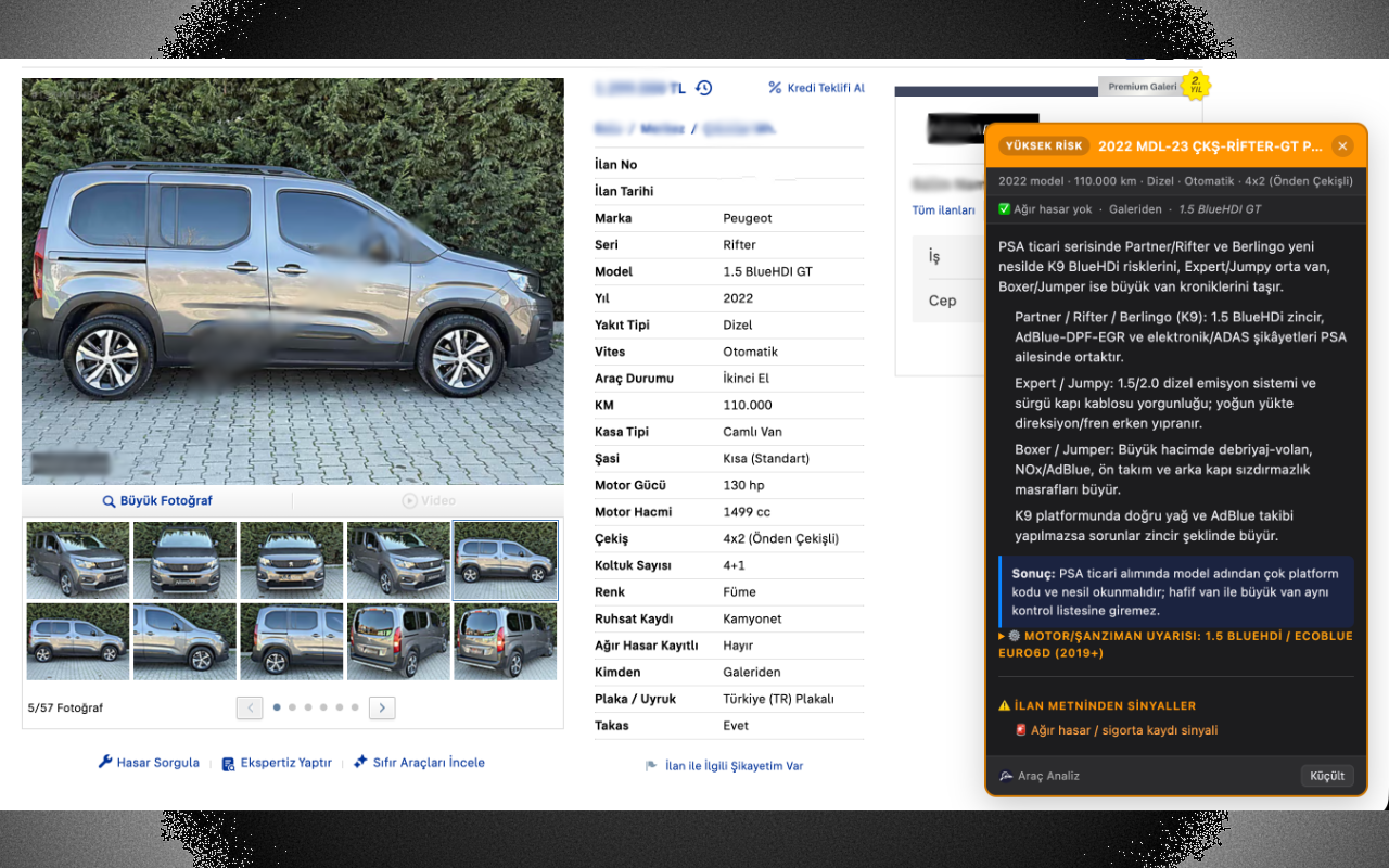 Yüksek Risk — Peugeot Rifter ilanında BlueHDI motor ve K9 platformu uyarıları